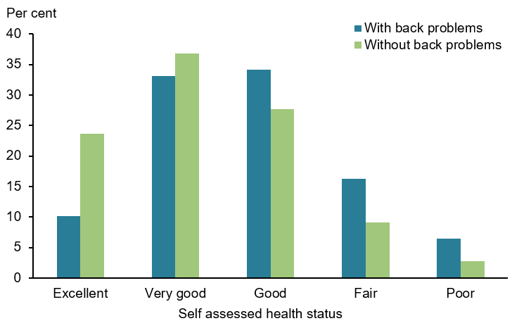 The vertical bar chart shows that people aged 15 and over with back problems are less likely to perceive their health as excellent (10%25) or very good (33%25) compared with people without back problems (24%25 and 37%25 respectively). People with back problems were more likely to rate their health as good (34%25), fair (16%25) or poor (7%25), compared with people without back problems (28%25, 9%25, and 3%25 respectively).